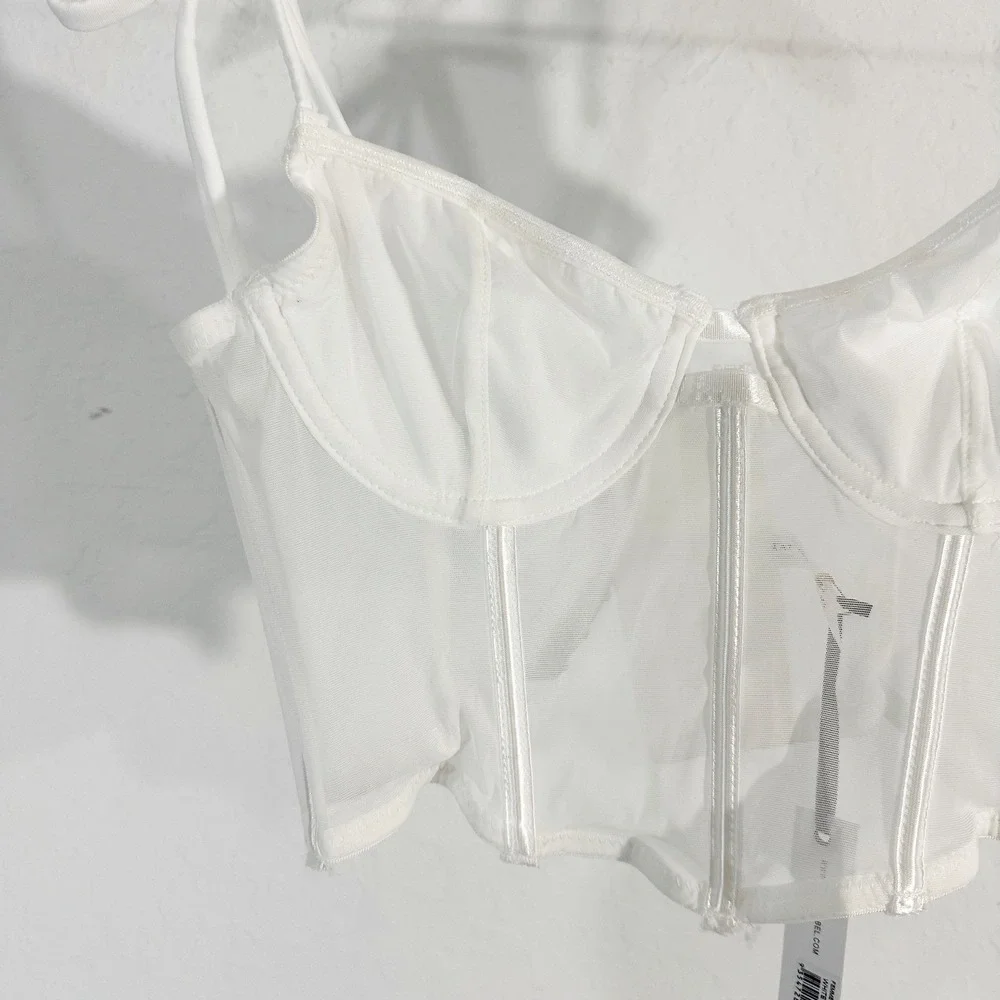 Kat The‎ Label Femme Bustier Bone Bodice Mesh Crop Top White Extra Small Corset